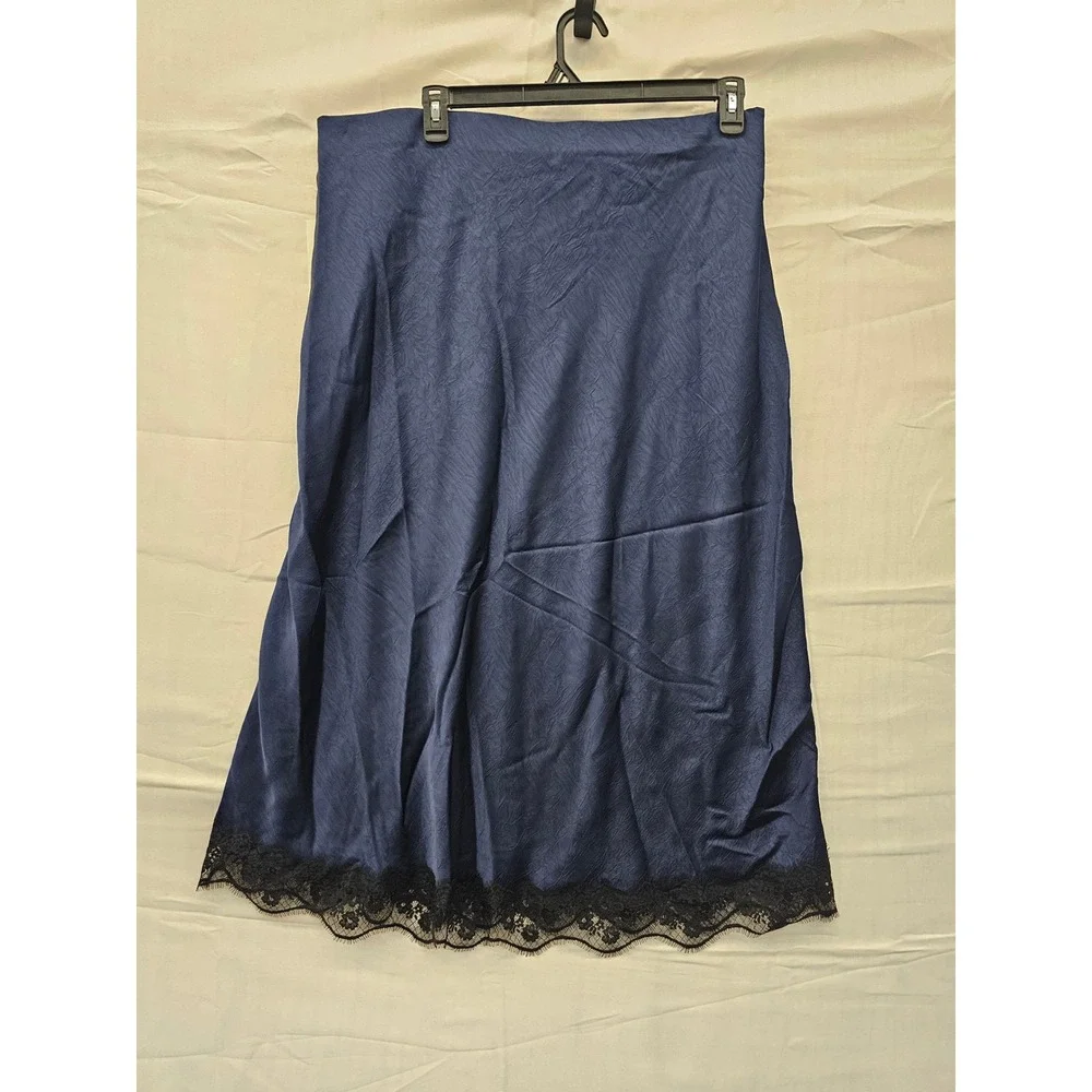 A New Day Navy Blue‎ Lace Trim Textured Satin Midi Skirt XXL 018051960 NWT